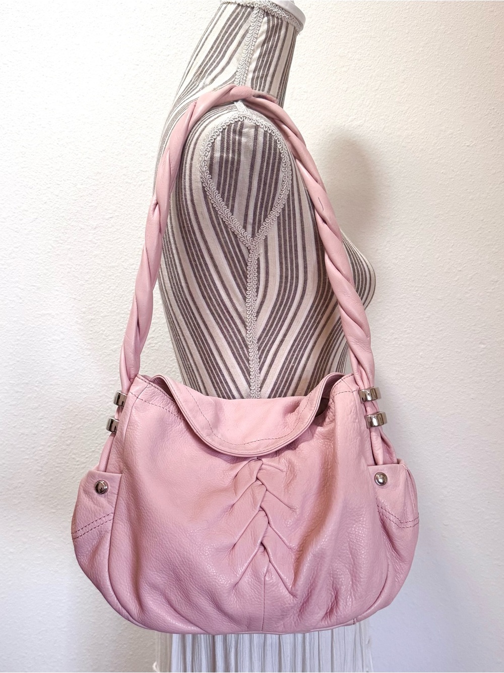 B Makowsky Blush Pink Genuine Leather Braided Shoulder Bag Y2K